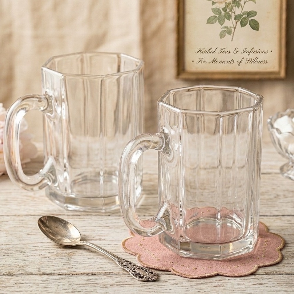 Vintage Arcoroc France Octime Clear Glass Octagon Mugs - Set of 2‎ - 4 Inch